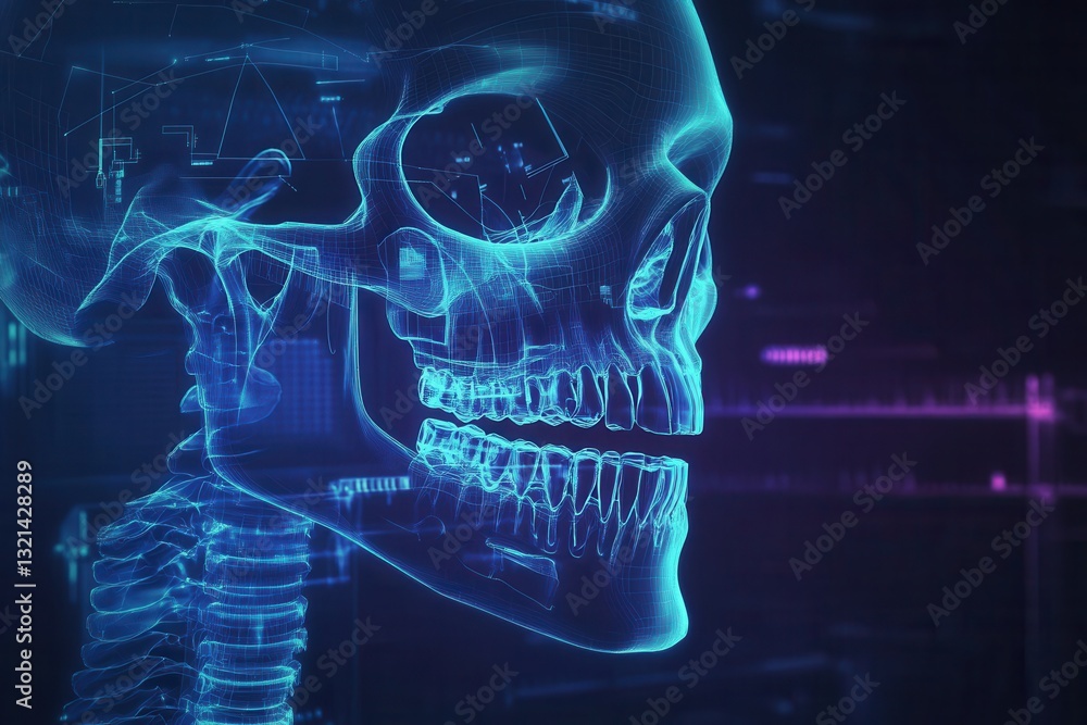 Poster blueprint of jawbone with implants displayed on dark medical background highlighting skeletal struct