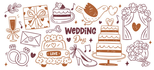 Hand drawn wedding set with traditional marriage ceremony accessories, decoration and symbols