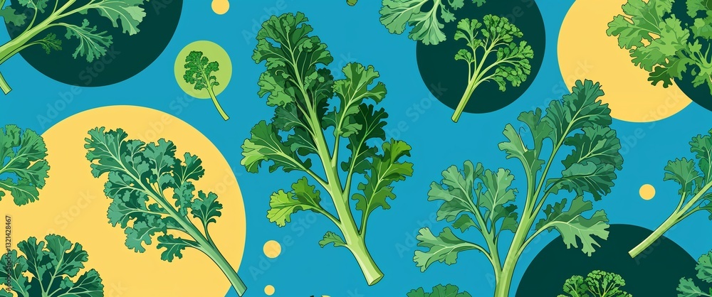 Poster kale pattern on cyan plain background digital abstract art work illustration design