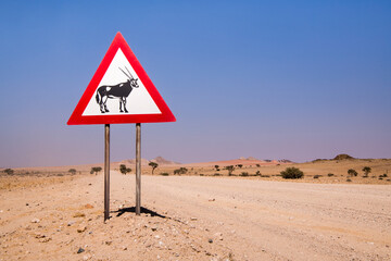 Traffic Sign Beware of Oryx Antelopes, Namibia