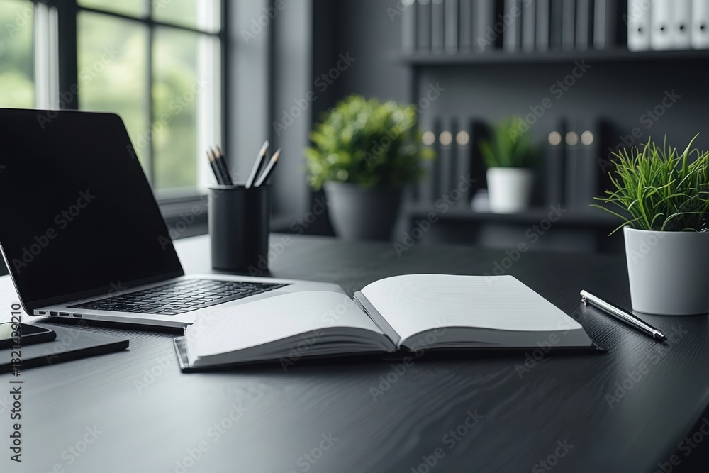 Poster workspace setup: laptop notebook and pen on a desk creating an inviting and organized work environme