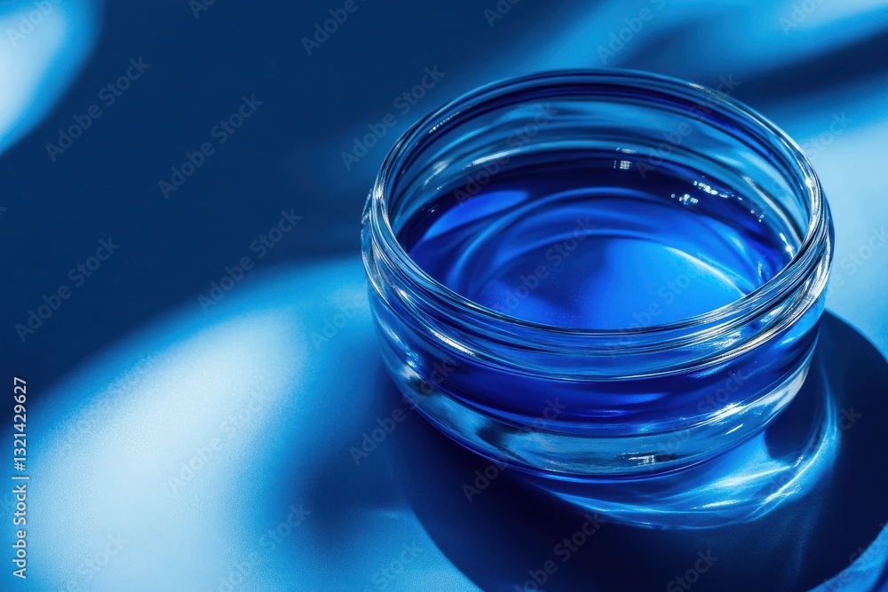 Aufkleber vibrant blue liquid in a glass container resting on a smooth surface reflects light effects