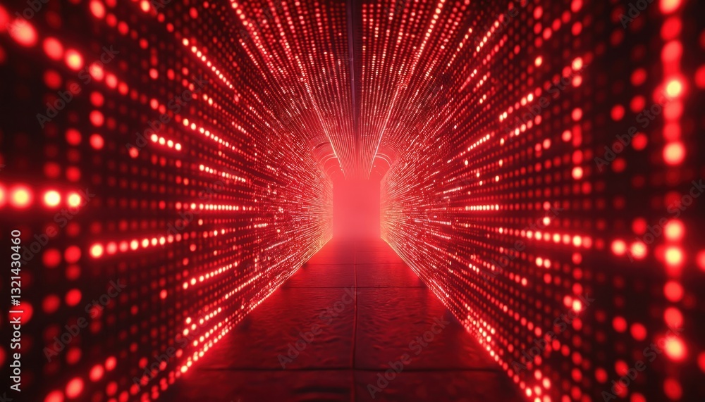 Leinwandbilder Abstract tunnel with matrix dot pattern in dark red color. Futuristic glowing neon lights background for tech, digital concepts and metaverse visualizations. Geometric shapes with perspective effect.