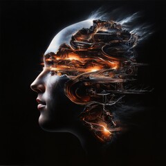 Obraz premium A painting of a woman's face with a cityscape in the background