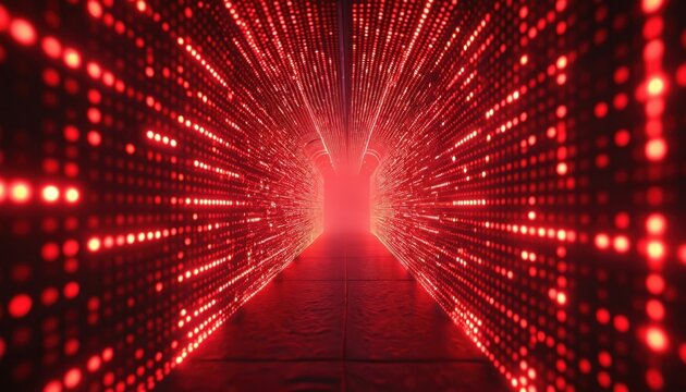 Abstract tunnel with matrix dot pattern in dark red color. Futuristic glowing neon lights background for tech, digital concepts and metaverse visualizations. Geometric shapes with perspective effect. - Powered by Adobe