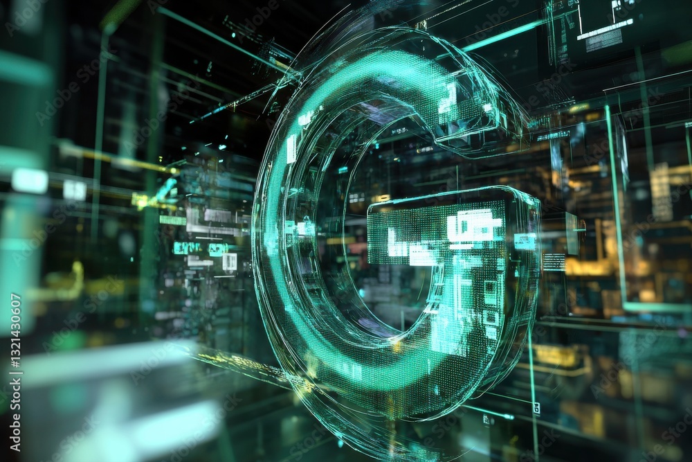 Aufkleber Futuristic green digital representation of a letter G in a high-tech environment with abstract data elements