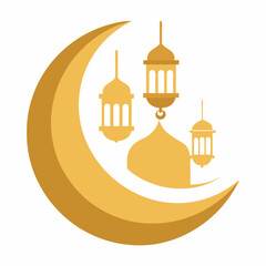 Obraz premium Eid mubarak festival golden crescent moon and lanterns background 