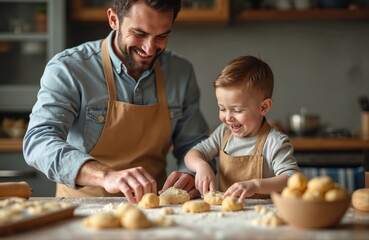 Father, son baking cookies together. Smiling, fun. Dad, child cooking homemade food, playing with flour on kitchen table. Family togetherness, love, happy childhood memory. Learning receipe, sweet