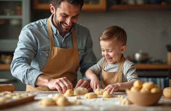Father, son baking cookies together. Smiling, fun. Dad, child cooking homemade food, playing with flour on kitchen table. Family togetherness, love, happy childhood memory. Learning receipe, sweet