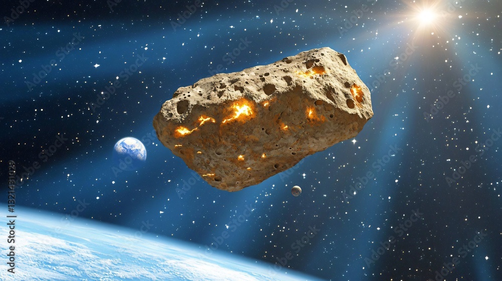 Canvas Prints asteroid hurtling through space with jagged surface glowing faintly from reflection of nearby star
