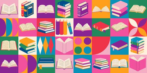 Fototapeta premium A colorful collage of books with different sizes and colors. Concept of a diverse collection of books, possibly representing a library or a bookstore