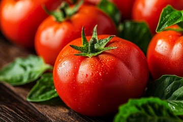 Fresh Juicy Red Tomatoes with Green Leaves on Wooden Table Surface for Healthy Cooking