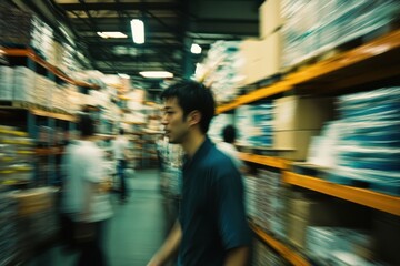 Busy day in a warehouse as workers navigate through stocked aisles during a weekly inventory check