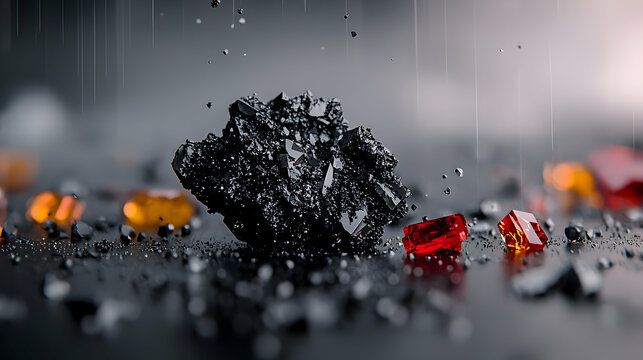 Black and colored gems scattered across a reflective dark surface