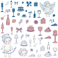 A set of simple icons for Valentine's Day. Doodle icons Cupid, hearts, wine, bows, cherry.