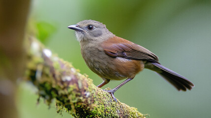 Obraz premium Close-up of green-brown feathered bird perched on branch in peaceful forest habitat. Vibrant wildlife details, natural textures, and soft bokeh with high-resolution clarity for birdwatching themes