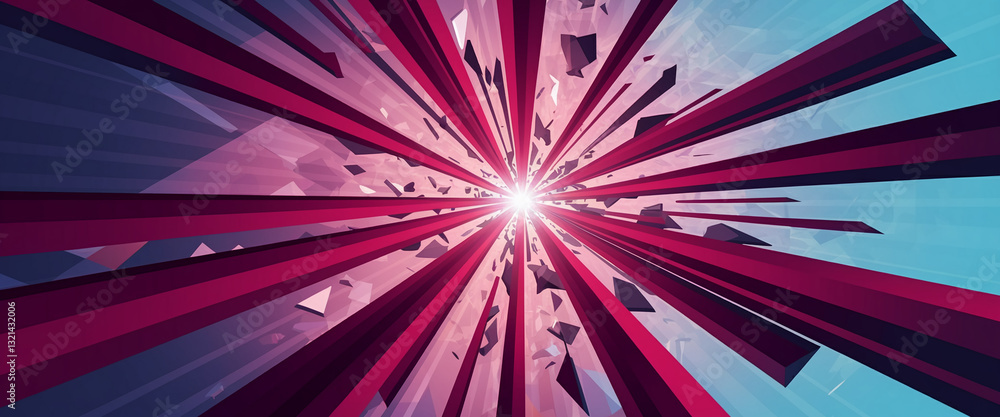 Poster abstract image of converging crimson lines and fragmented shapes, creating a dynamic, energetic burs