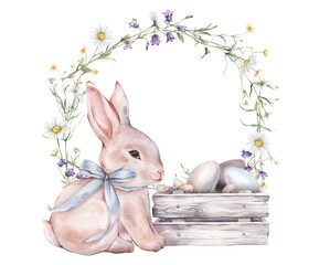 Happy Easter card with watercolor cute rabbits or bunny with light blue bow, paint eggs, willow and wreath of buttercup, bluebell, chamomile. Easter watercolor posters pastel color
