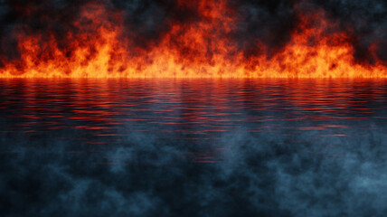 Dramatic fire and smoke scene reflecting on water creates captivating atmosphere
