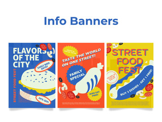 Bright information banners of the street food festival with special offers and discounts for street food lovers