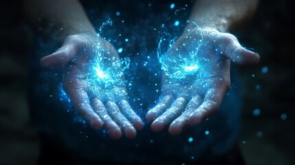 Fototapeta premium Hands Creating Blue Energy Stream Concept Power and Futuristic Technology