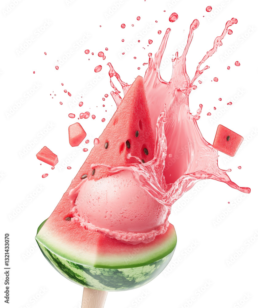 Poster watermelon slice with a scoop of pink ice cream creating a splash effect symbolizing refreshment and