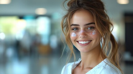 A smiling woman with long, dark hair shows her bare arm, revealing a decorative Band-Aid on her shoulder.