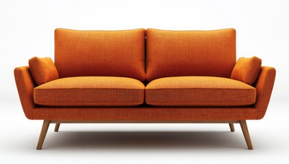 Two-seater, burnt orange couch, mid-century modern style.  Features plush cushions, clean lines, and simple wooden legs
