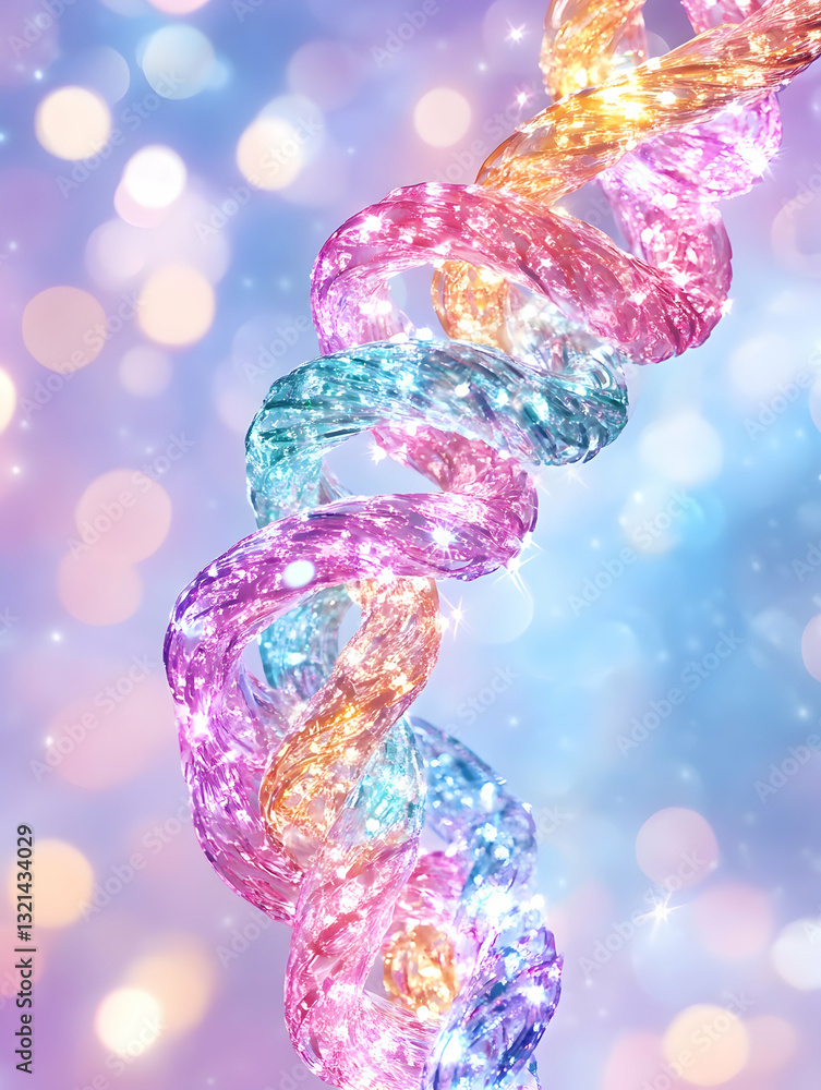 Poster sparkling iridescent helix against a bokeh background pastel colors swirl in a three-dimensional spi