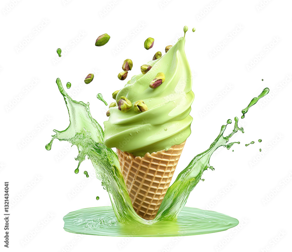 Aufkleber green pistachio ice cream cone splashing in a pool of liquid captures the essence of refreshment and