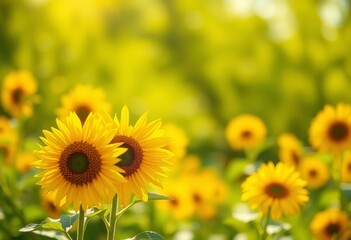 Abstract bright spring bokeh background, sunlit green yellow landscape texture with sunflowers and sunny rays, landscape, joyful