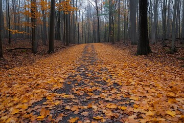 Obraz premium Autumnal forest path covered in fallen leaves.