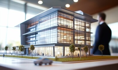Modern building model with a blurred person.