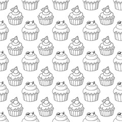 Sweet cake black and white style. Seamless vector pattern for fabric design, wallpapper, wrapping.