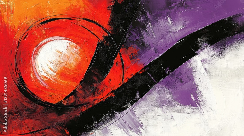 Poster abstract art with vibrant red, orange, purple strokes and geometric elements in a dynamic compositio