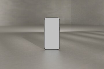 Mockup smartphone on grey studio floor. Hit by sunlight. Use as template for UX designs, websites, ads, and more