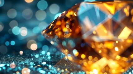 Captivating amber gemstone close-up revealing exquisite facets and dazzling reflections against a sparkling blue bokeh backdrop highlighting its brilliance - Powered by Adobe