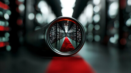 A cylindrical optical viewer reflecting a server room setting