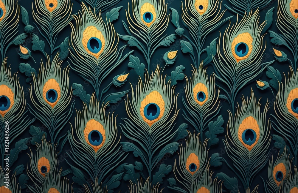 Poster seamless background features peacock feathers pattern with leaves, plants. decorative ornamental exo