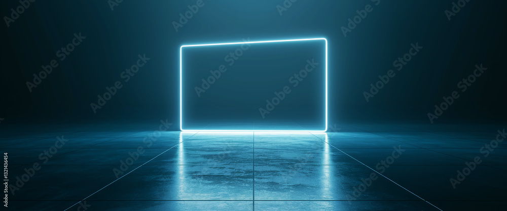 Poster bright blue neon rectangular frame on dark floor, showcasing blank space ideal for product display o