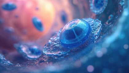 Vibrant blue cell floats in multi-colored swirl liquid. Microscopic biology science medical research visual. Health care, anatomy structure life organism fluid abstract visualisation. Transparent