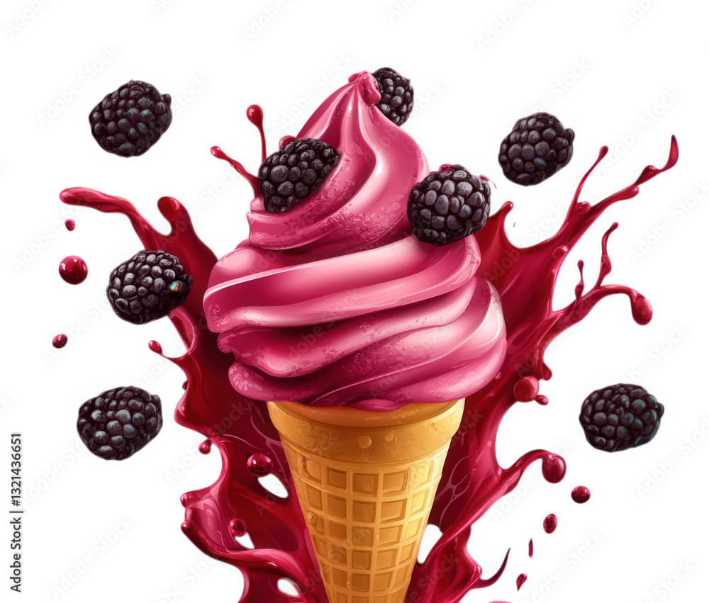 Poster a soft-serve ice cream cone topped with swirls of berry-flavored ice cream surrounded by splashes of