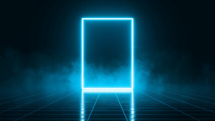 Neon blue rectangular frame in smoky environment, reflecting on a grid floor, ideal for futuristic or technology showcase, mockup, or banner