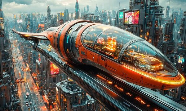 Futuristic hovercar gliding through a vibrant cyberpunk cityscape at dusk with neon lights