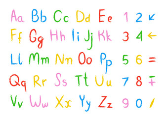Hand drawn colored crayons English alphabet letters, numbers and math symbols for counting set
