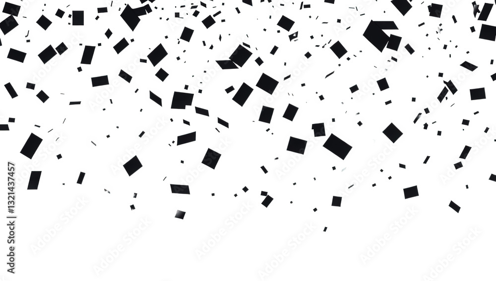 Poster a dynamic arrangement of black squares scattered across a white background creating a visually strik