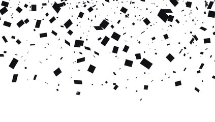 a dynamic arrangement of black squares scattered across a white background creating a visually striking contrast that suggests movement or celebration