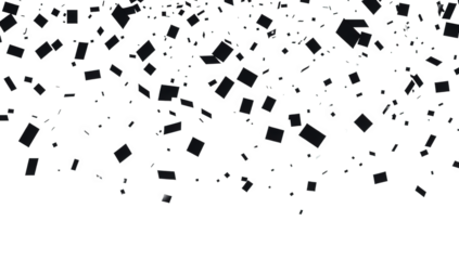 a dynamic arrangement of black squares scattered across a white background creating a visually striking contrast that suggests movement or celebration