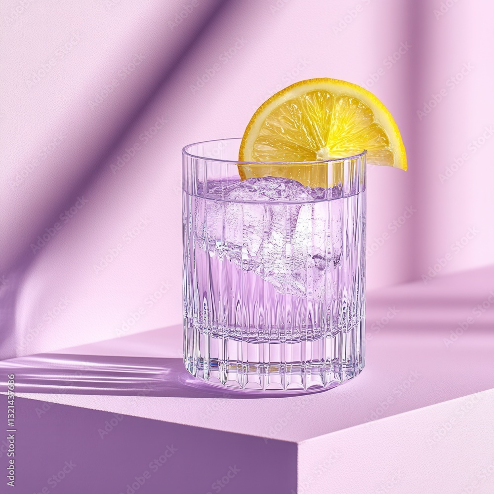 Aufkleber glass of sparkling water with lemon slice on a purple background. soft light and shadows create a ca
