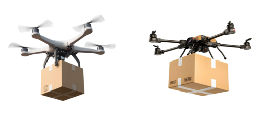 Drone carrying a box, isolated on a transparent background